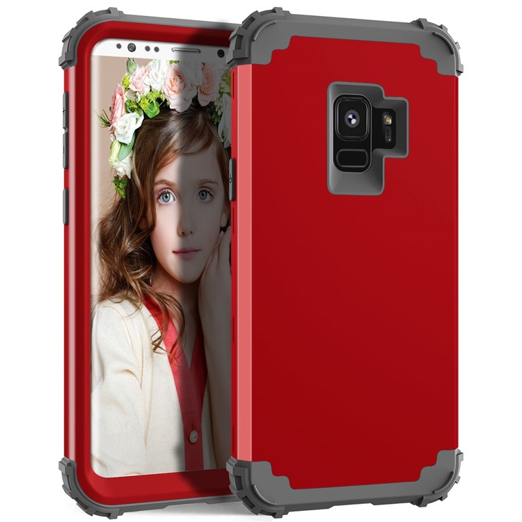 3-piece PC+Silicone Shockproof Hybrid Shell for Samsung Galaxy S9 G960 - Dark Grey / Red-2