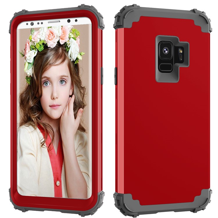 3-piece PC+Silicone Shockproof Hybrid Shell for Samsung Galaxy S9 G960 - Dark Grey / Red-3
