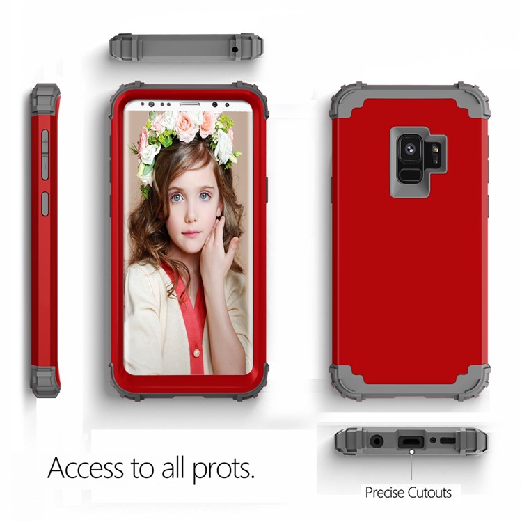 3-piece PC+Silicone Shockproof Hybrid Shell for Samsung Galaxy S9 G960 - Dark Grey / Red-4