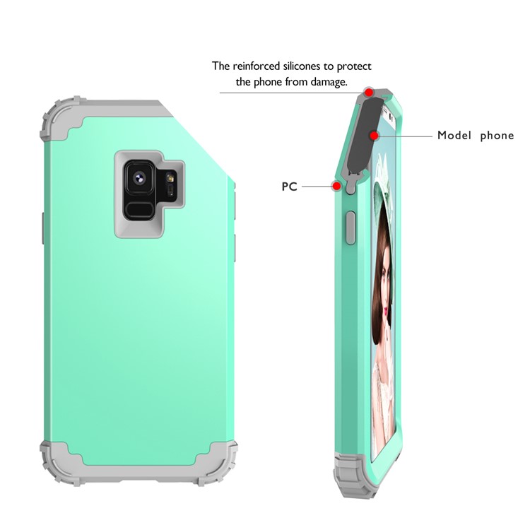 3-piece PC+Silicone Shockproof Hybrid Phone Case for Samsung Galaxy S9 G960 - Light Grey / Cyan-12