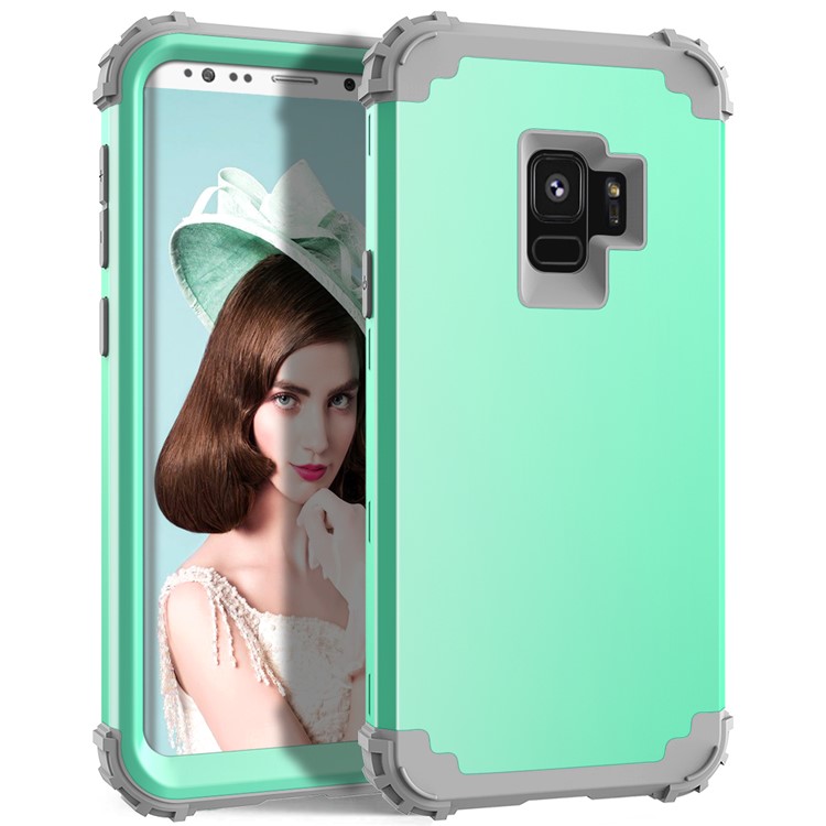 3-piece PC+Silicone Shockproof Hybrid Phone Case for Samsung Galaxy S9 G960 - Light Grey / Cyan-2
