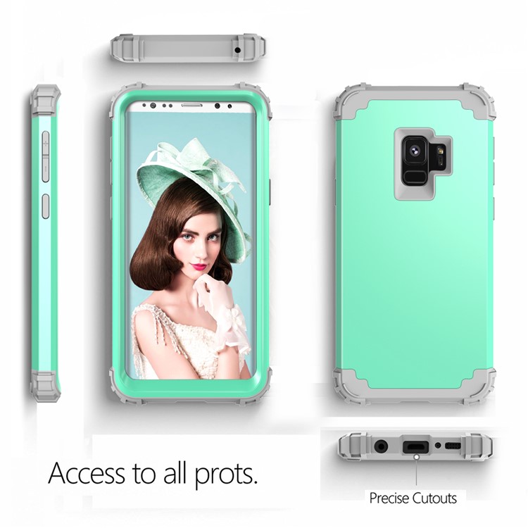 3-piece PC+Silicone Shockproof Hybrid Phone Case for Samsung Galaxy S9 G960 - Light Grey / Cyan-4