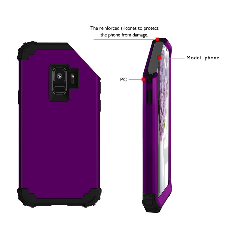 3-piece PC+Silicone Shockproof Hybrid Cell Phone Casing for Samsung Galaxy S9 G960 - Black / Purple-12