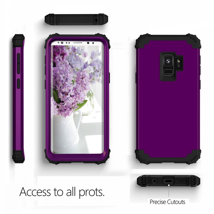 3-piece PC+Silicone Shockproof Hybrid Cell Phone Casing for Samsung Galaxy S9 G960 - Black / Purple-4