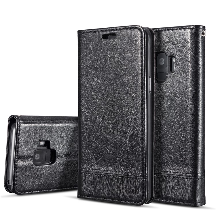 Splicing PU Leather Card Holder Auto-absorbed Case with Lanyard for Samsung Galaxy S9 SM-G960 - Black-1