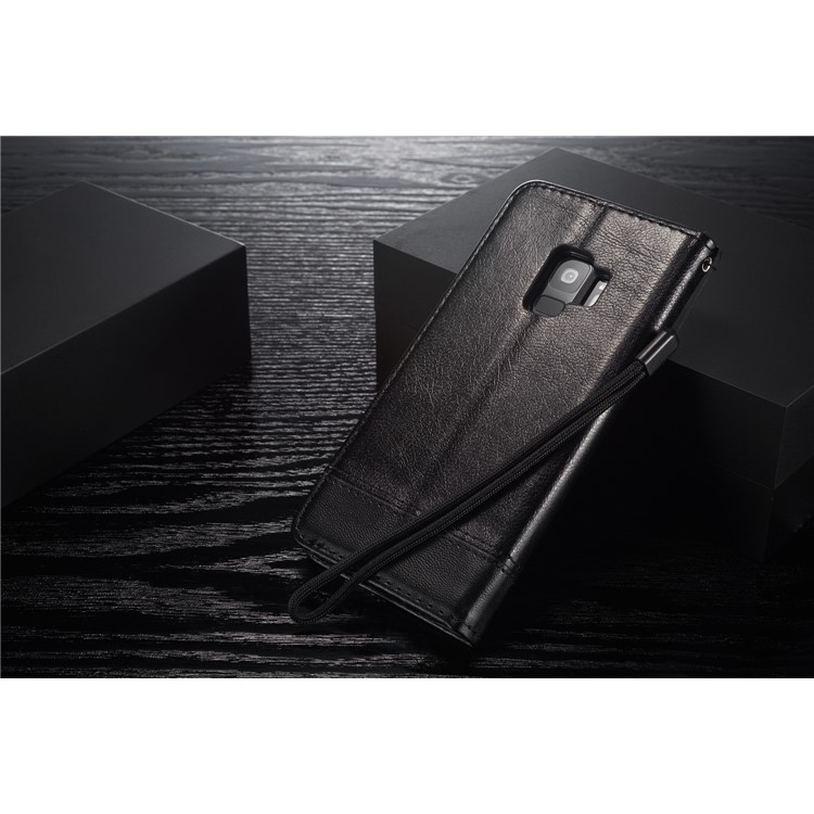 Splicing PU Leather Card Holder Auto-absorbed Case with Lanyard for Samsung Galaxy S9 SM-G960 - Black-15