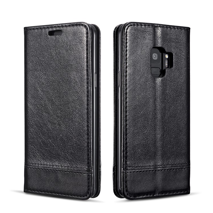 Splicing PU Leather Card Holder Auto-absorbed Case with Lanyard for Samsung Galaxy S9 SM-G960 - Black-2