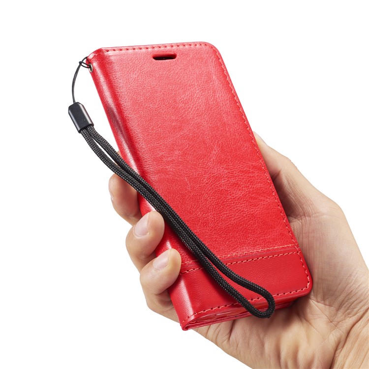 Splicing PU Leather Card Holder Auto-absorbed Casing with Lanyard for Samsung Galaxy S9 SM-G960 - Red-11