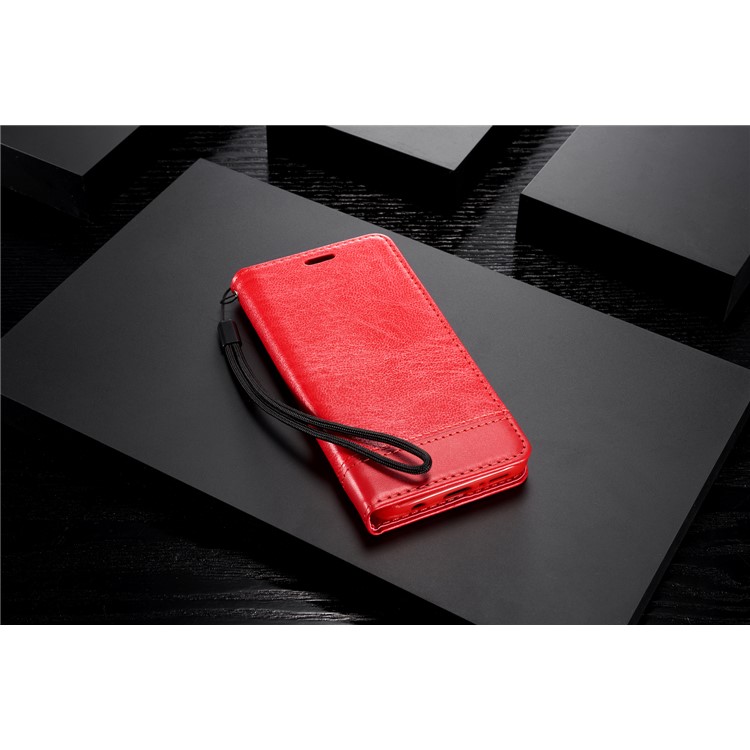 Splicing PU Leather Card Holder Auto-absorbed Casing with Lanyard for Samsung Galaxy S9 SM-G960 - Red-14