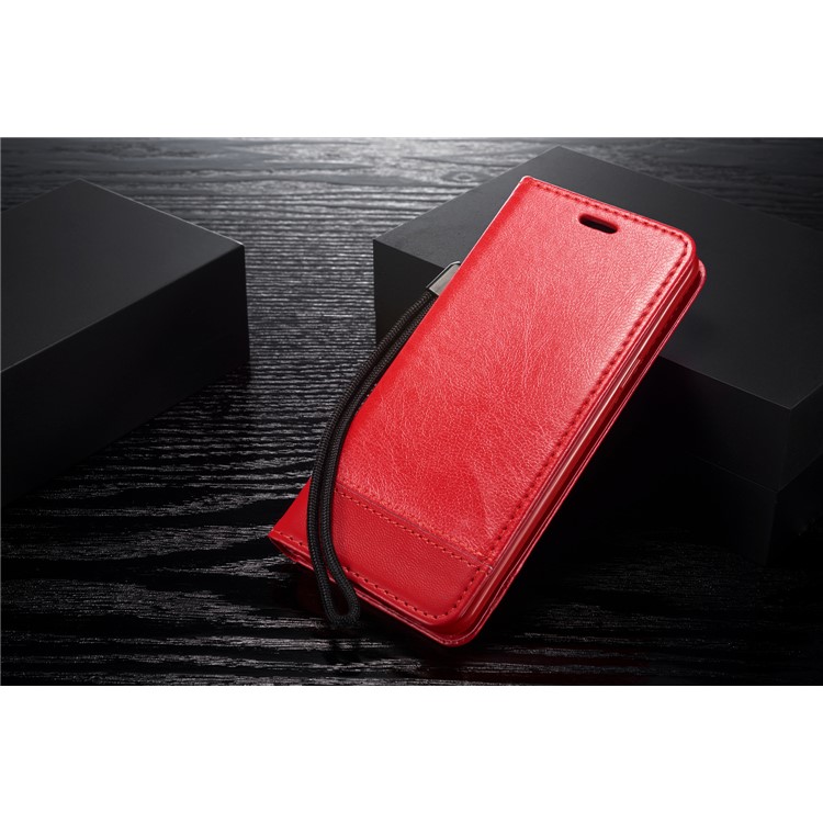 Splicing PU Leather Card Holder Auto-absorbed Casing with Lanyard for Samsung Galaxy S9 SM-G960 - Red-15