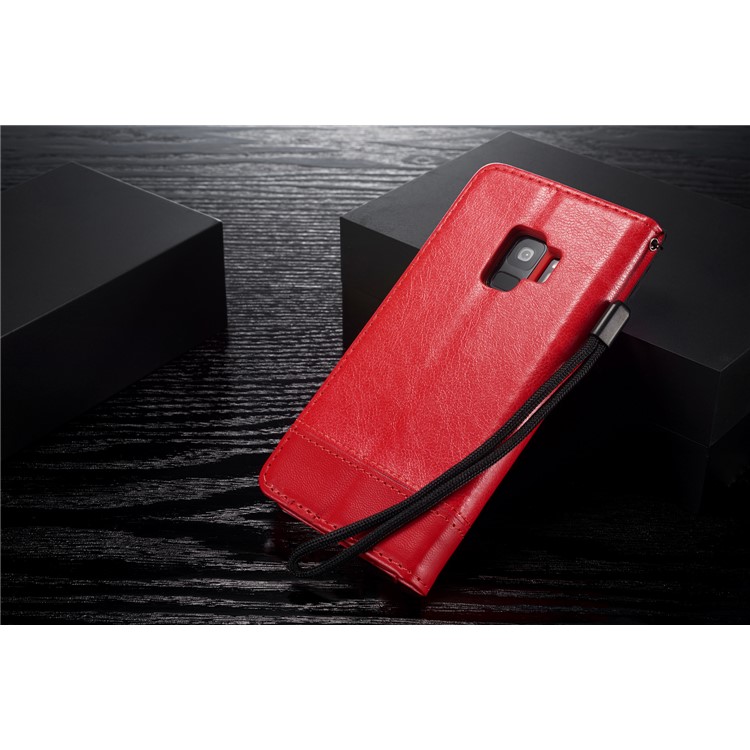Splicing PU Leather Card Holder Auto-absorbed Casing with Lanyard for Samsung Galaxy S9 SM-G960 - Red-16