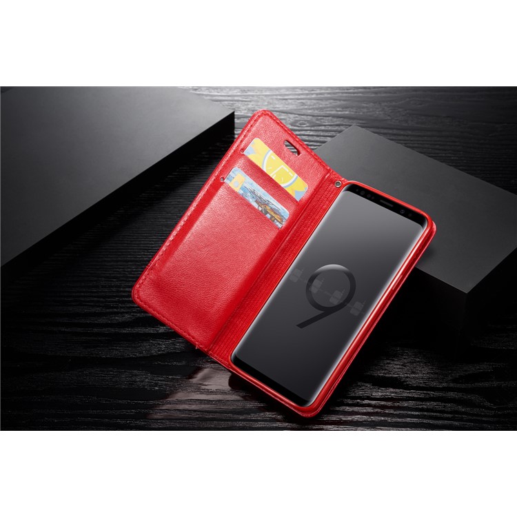 Splicing PU Leather Card Holder Auto-absorbed Casing with Lanyard for Samsung Galaxy S9 SM-G960 - Red-17