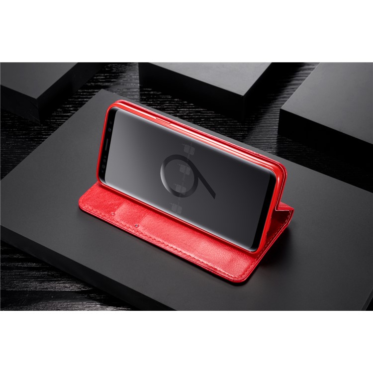 Splicing PU Leather Card Holder Auto-absorbed Casing with Lanyard for Samsung Galaxy S9 SM-G960 - Red-18