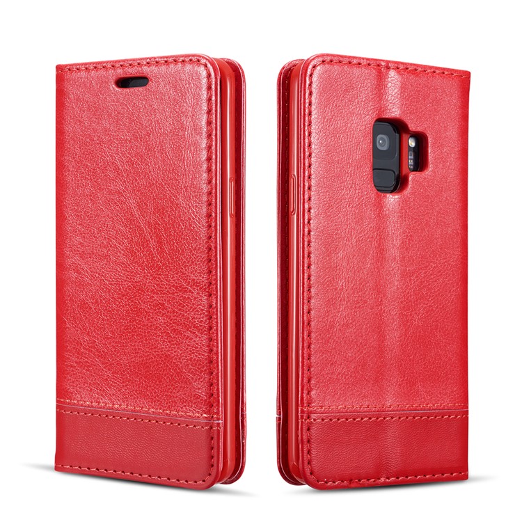 Splicing PU Leather Card Holder Auto-absorbed Casing with Lanyard for Samsung Galaxy S9 SM-G960 - Red-2