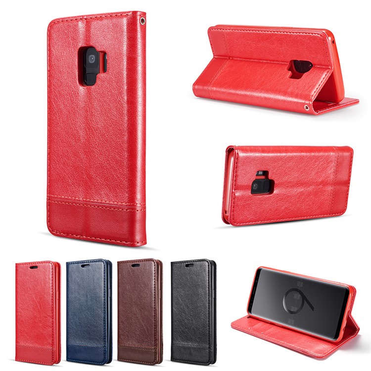 Splicing PU Leather Card Holder Auto-absorbed Casing with Lanyard for Samsung Galaxy S9 SM-G960 - Red-22