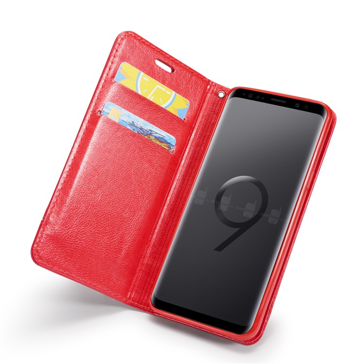 Splicing PU Leather Card Holder Auto-absorbed Casing with Lanyard for Samsung Galaxy S9 SM-G960 - Red-7