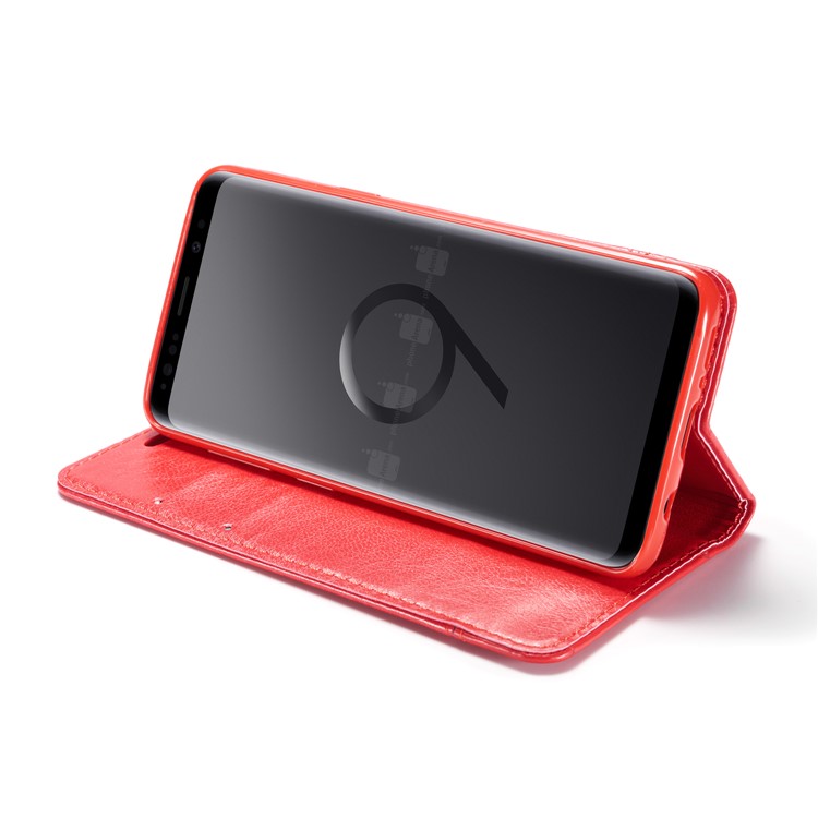 Splicing PU Leather Card Holder Auto-absorbed Casing with Lanyard for Samsung Galaxy S9 SM-G960 - Red-9