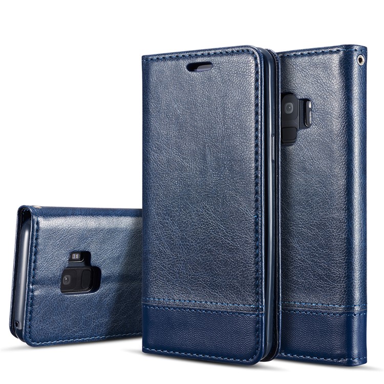 Splicing PU Leather Card Holder Auto-absorbed Shell with Lanyard for Samsung Galaxy S9 SM-G960 - Blue-1