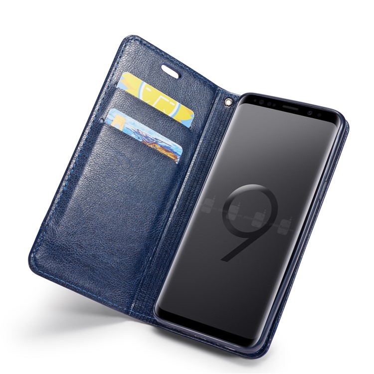Splicing PU Leather Card Holder Auto-absorbed Shell with Lanyard for Samsung Galaxy S9 SM-G960 - Blue-11