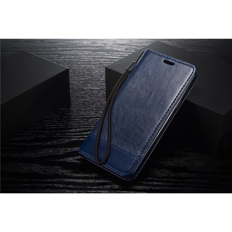 Splicing PU Leather Card Holder Auto-absorbed Shell with Lanyard for Samsung Galaxy S9 SM-G960 - Blue-15