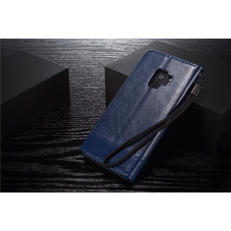 Splicing PU Leather Card Holder Auto-absorbed Shell with Lanyard for Samsung Galaxy S9 SM-G960 - Blue-16