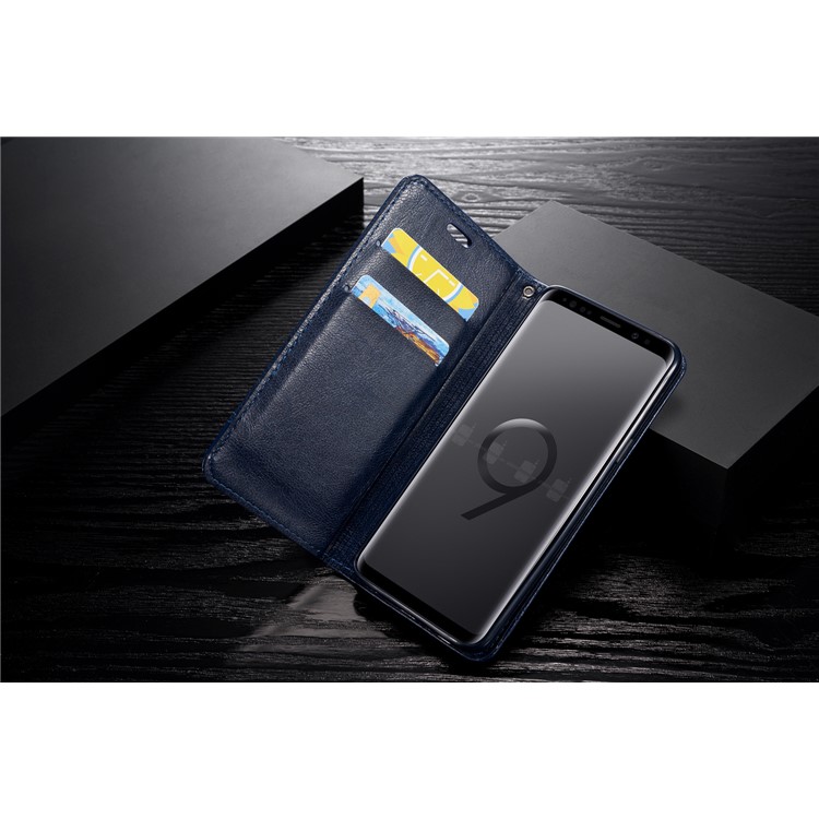 Splicing PU Leather Card Holder Auto-absorbed Shell with Lanyard for Samsung Galaxy S9 SM-G960 - Blue-18