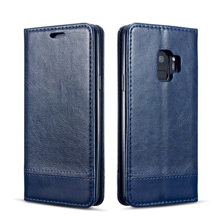 Splicing PU Leather Card Holder Auto-absorbed Shell with Lanyard for Samsung Galaxy S9 SM-G960 - Blue-2