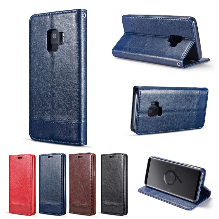 Splicing PU Leather Card Holder Auto-absorbed Shell with Lanyard for Samsung Galaxy S9 SM-G960 - Blue-22