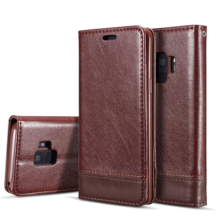 Splicing PU Leather Card Holder Auto-absorbed Cover with Lanyard for Samsung Galaxy S9 SM-G960 - Brown-1