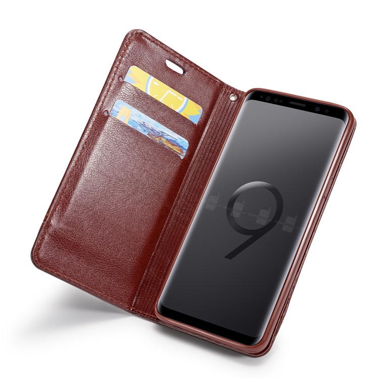 Splicing PU Leather Card Holder Auto-absorbed Cover with Lanyard for Samsung Galaxy S9 SM-G960 - Brown-12