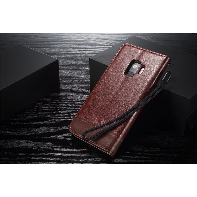 Splicing PU Leather Card Holder Auto-absorbed Cover with Lanyard for Samsung Galaxy S9 SM-G960 - Brown-16