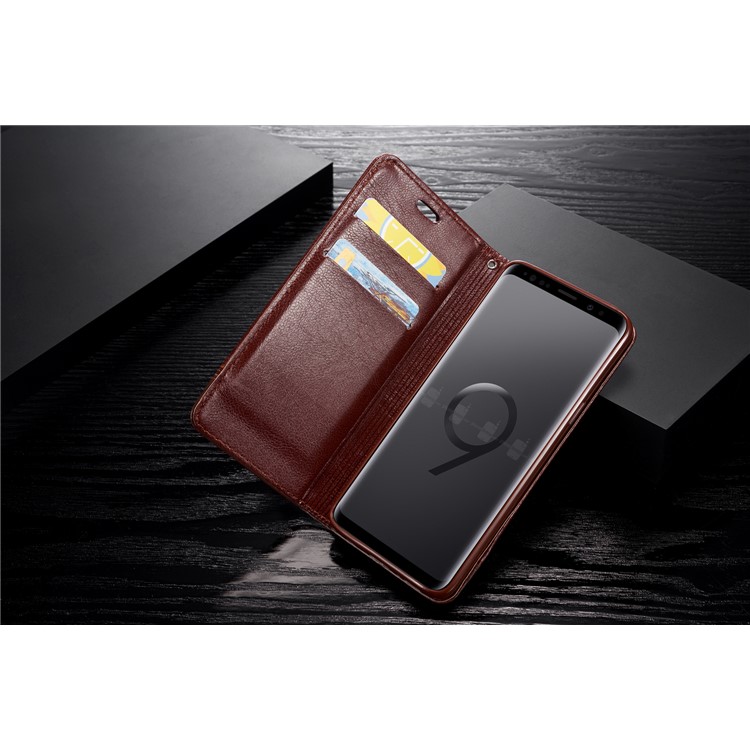 Splicing PU Leather Card Holder Auto-absorbed Cover with Lanyard for Samsung Galaxy S9 SM-G960 - Brown-19
