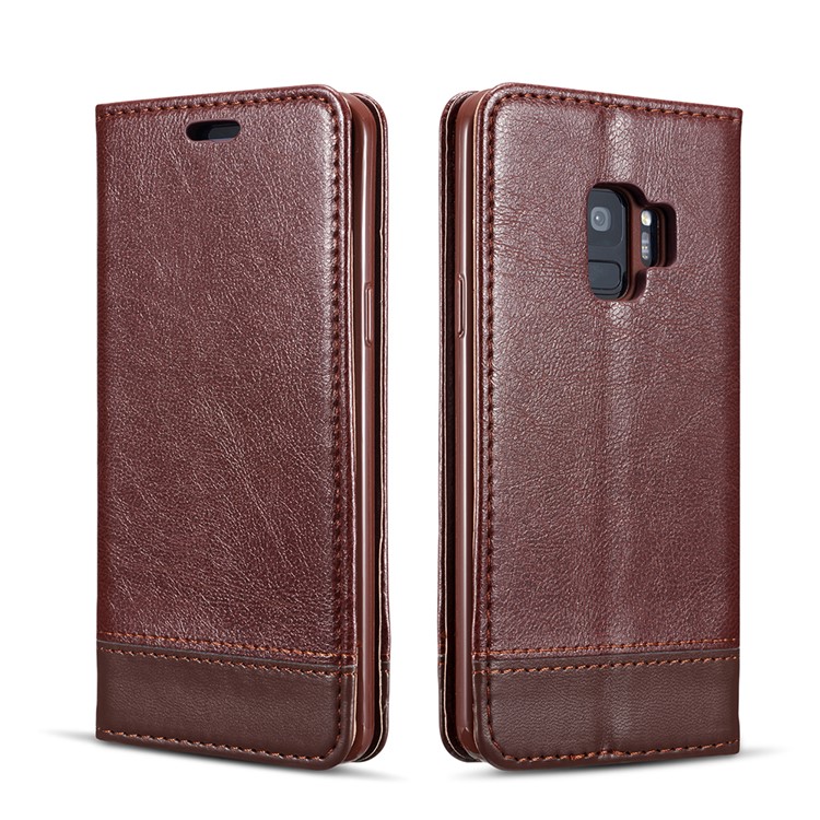 Splicing PU Leather Card Holder Auto-absorbed Cover with Lanyard for Samsung Galaxy S9 SM-G960 - Brown-2
