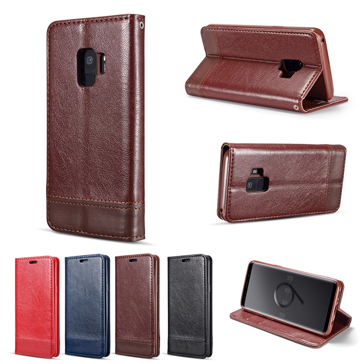 Splicing PU Leather Card Holder Auto-absorbed Cover with Lanyard for Samsung Galaxy S9 SM-G960 - Brown-22