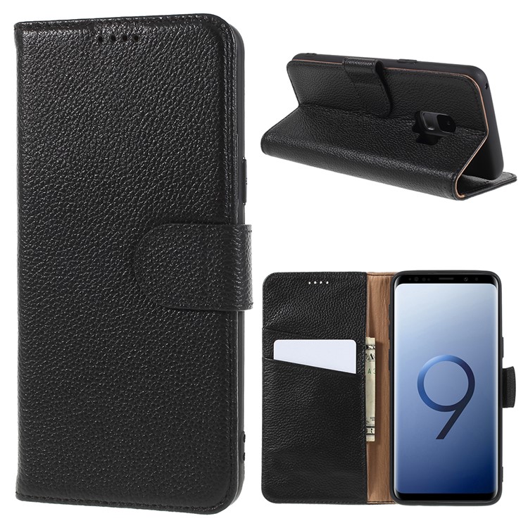 Litchi Texture Genuine Leather Wallet Stand Case for Samsung Galaxy S9 SM-G960 - Black-1