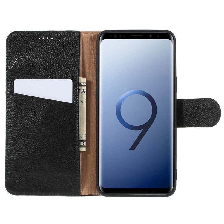 Litchi Texture Genuine Leather Wallet Stand Case for Samsung Galaxy S9 SM-G960 - Black-10