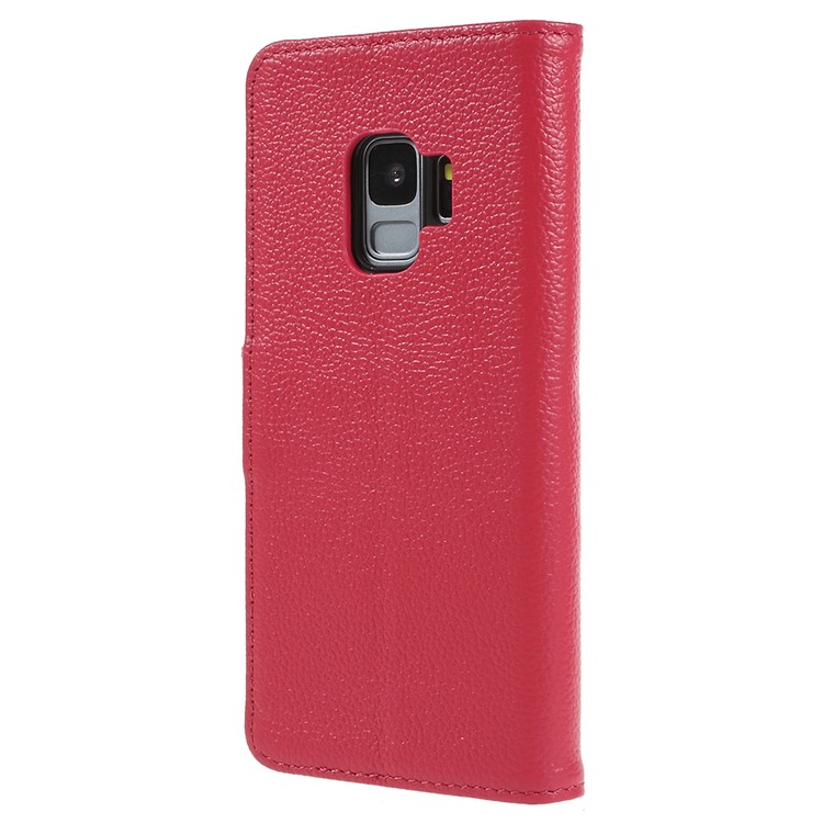 Litchi Texture Genuine Leather Wallet Stand Cover for Samsung Galaxy S9 SM-G960 - Red-3