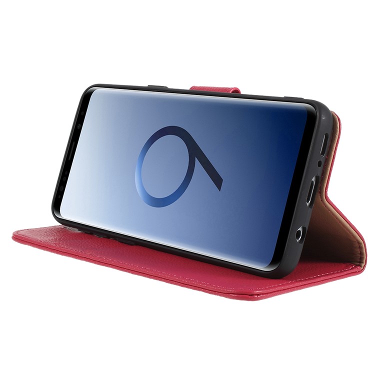 Litchi Texture Genuine Leather Wallet Stand Cover for Samsung Galaxy S9 SM-G960 - Red-4