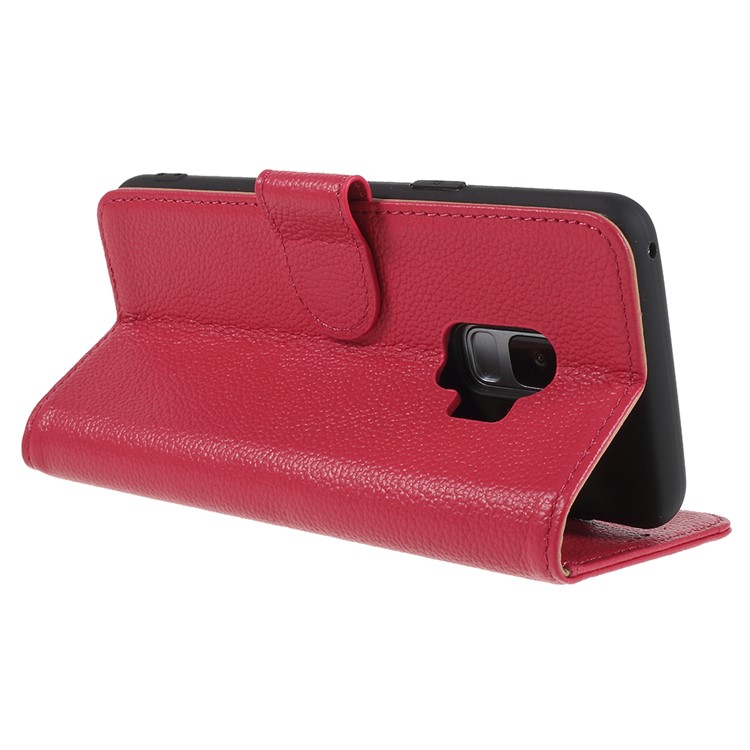 Litchi Texture Genuine Leather Wallet Stand Cover for Samsung Galaxy S9 SM-G960 - Red-5