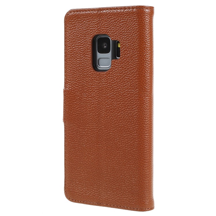 Litchi Texture Genuine Leather Wallet Stand Shell for Samsung Galaxy S9 SM-G960 - Brown-3