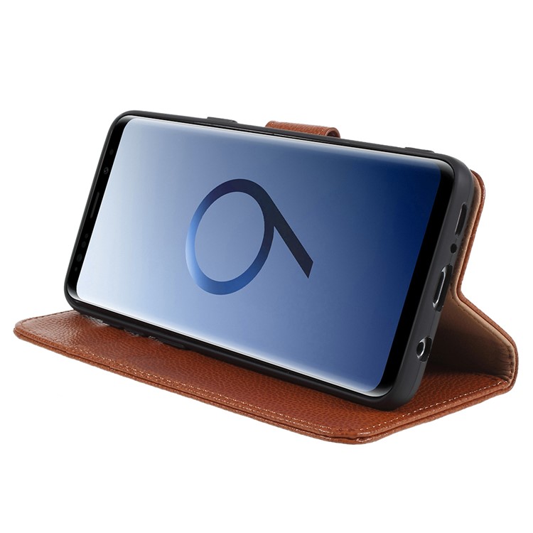Litchi Texture Genuine Leather Wallet Stand Shell for Samsung Galaxy S9 SM-G960 - Brown-4