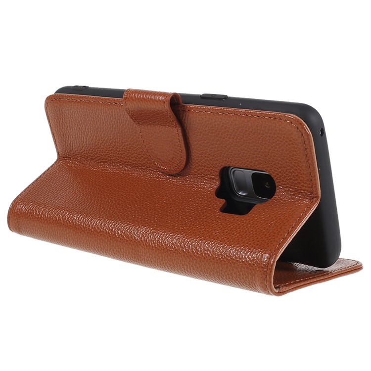 Litchi Texture Genuine Leather Wallet Stand Shell for Samsung Galaxy S9 SM-G960 - Brown-5