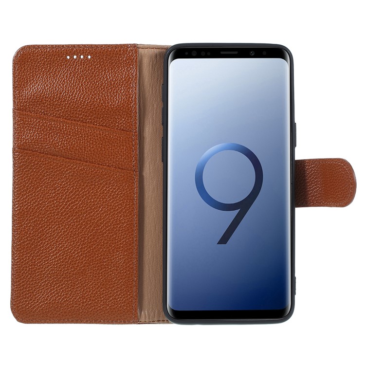 Litchi Texture Genuine Leather Wallet Stand Shell for Samsung Galaxy S9 SM-G960 - Brown-6