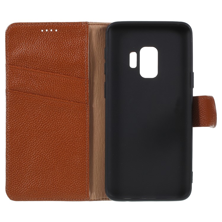 Litchi Texture Genuine Leather Wallet Stand Shell for Samsung Galaxy S9 SM-G960 - Brown-7