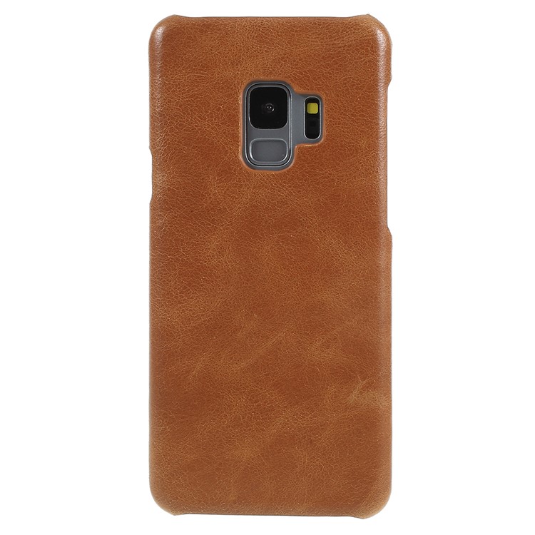 Retro Genuine Leather Coated PC Phone Casing for Samsung Galaxy S9 SM-G960 - Brown-1