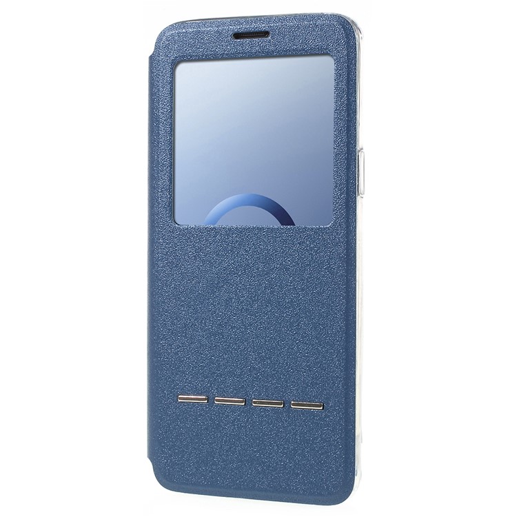 Janela De Exibição PU Couro Case Capa Móvel Shell Com Toque Botão De Slides Para Samsung Galaxy S9 SM-G960 - Azul-2