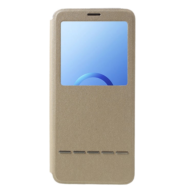 View Window PU Leather Stand Phone Shell with Touch Slide Button for Samsung Galaxy S9+ SM-G965 - Gold-1