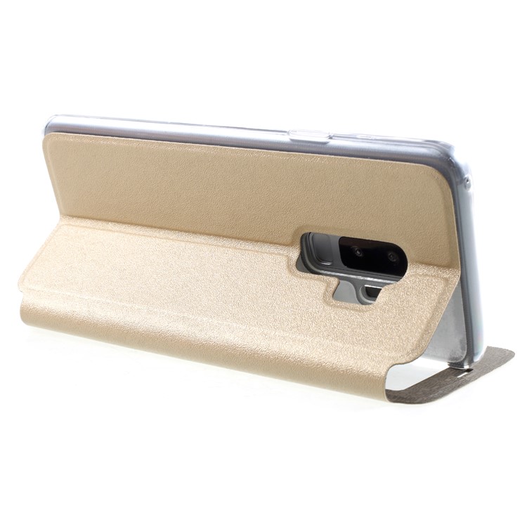 View Window PU Leather Stand Phone Shell with Touch Slide Button for Samsung Galaxy S9+ SM-G965 - Gold-5