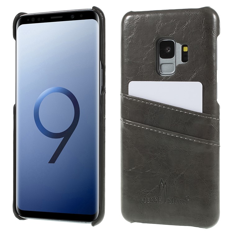 FIERRE SHANN Oil Wax Card Holder PU Leather Coated PC Case for Samsung Galaxy S9 SM-G960 - Black-1