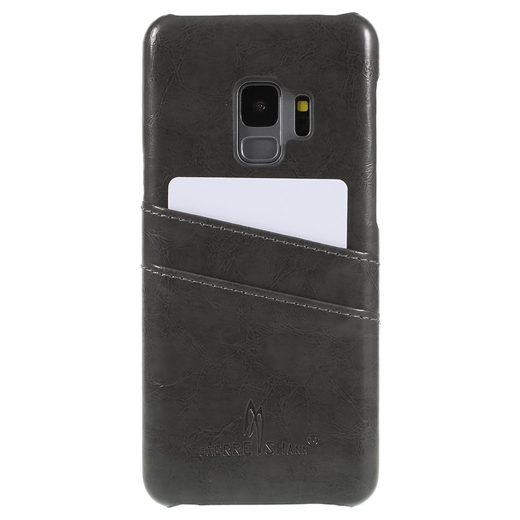 FIERRE SHANN Oil Wax Card Holder PU Leather Coated PC Case for Samsung Galaxy S9 SM-G960 - Black-3
